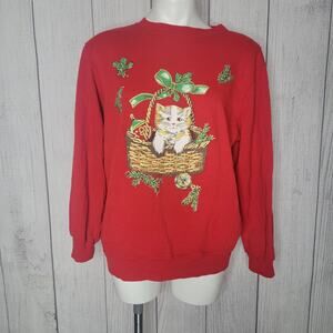 VTG Red Blair Christmas Cute Basket Kitty Cat Pullover Holiday Sweatshirt